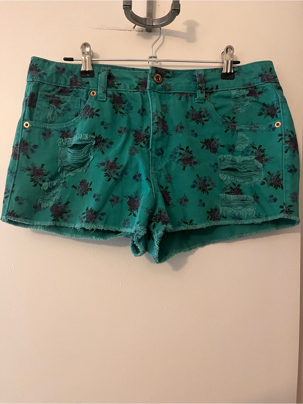 Forever 21 Teal Floral Distressed Denim Short Shorts